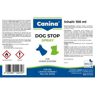 Гігієнічний засіб Canina Dog Stop Spray для собак і котів для заспокоєння спрей  при тічці сук 100 мл