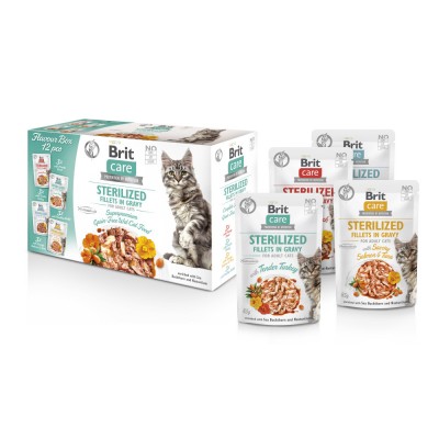 Корм вологий для стерилізованих котів Brit Care Flavour box Sterilized філе в соусі, набір паучів 12 х 85 г