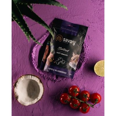 М'які ласощі Savory для здоров'я стерилізованих котів, ягня із чорницями, 50 г