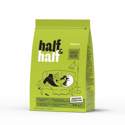 Сухий корм Half&Half для котів із чутливим травленням, з індичкою, 300 г Сухий корм Half&Half для котів із чутливим травленням, з індичкою, 300 г