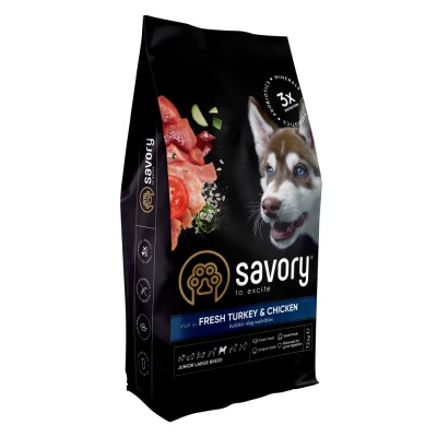 Сухий корм Savory для юніорів великих порід, зі свіжою індичкою і куркою, 12 кг Сухий корм Savory для юніорів великих порід, зі свіжою індичкою і куркою, 12 кг