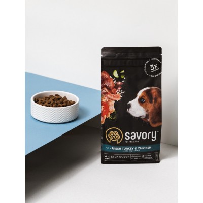 Сухий корм Savory Puppy для цуценят усіх порід, зі свіжою індичкою і куркою, 1 кг
