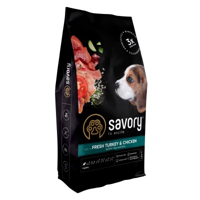 Сухий корм Savory Puppy для цуценят усіх порід, зі свіжою індичкою і куркою, 12 кг Сухий корм Savory Puppy для цуценят усіх порід, зі свіжою індичкою і куркою, 12 кг
