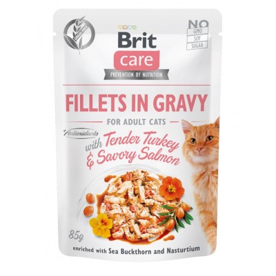 Вологий корм Brit Care Cat Pouch для котів, філе в соусі, ніжна індичка і пікантний лосось, 85 г