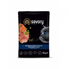 Вологий корм Savory для дорослих котів, лосось з горошком у соусі, пауч, 85 г