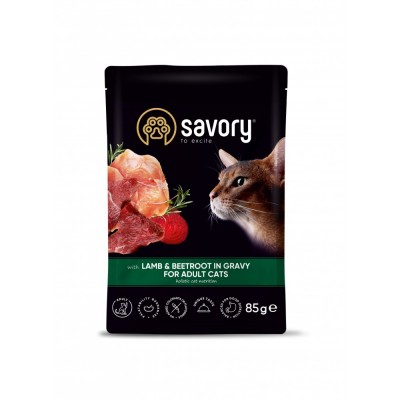 Вологий корм Savory для дорослих котів, ягня з буряком у соусі, пауч, 85 г