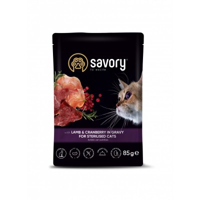 Вологий корм Savory для стерилізованих котів, ягня з журавлиною у соусі, пауч, 85 г Вологий корм Savory для стерилізованих котів, ягня з журавлиною у соусі, пауч, 85 г