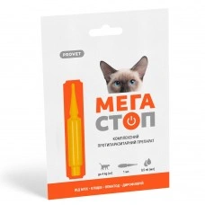 Краплі ProVET «Мега Стоп» для котів до 4 кг, 1 піпетка (від зовнішніх та внутрішніх паразитів)
