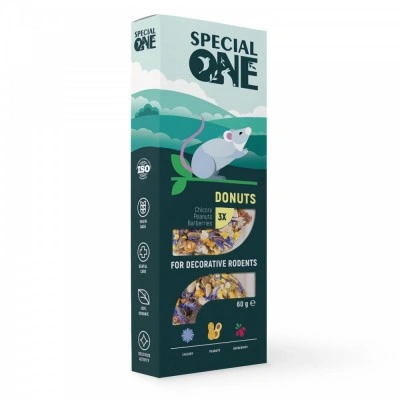 Пончики Speciаl One «Цикорій, арахіс, барбарис» для декоративних гризунів, 60 г Пончики Speciаl One «Цикорій, арахіс, барбарис» для декоративних гризунів, 60 г